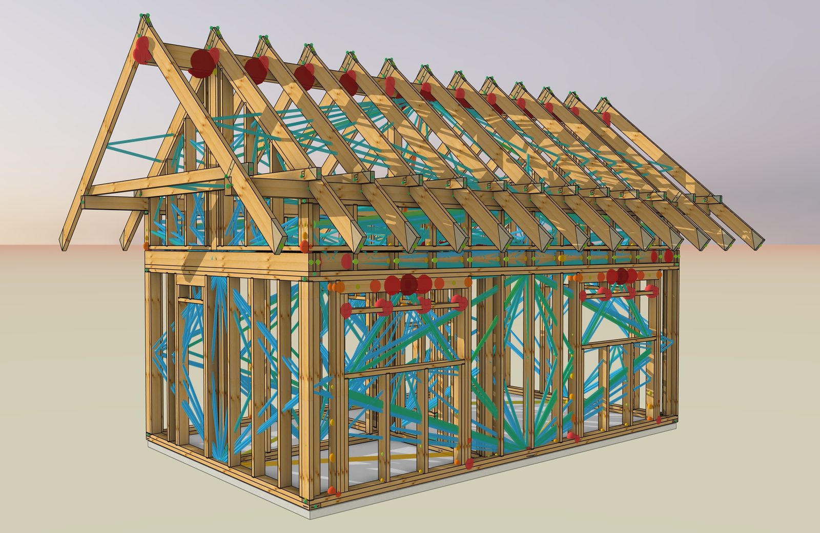 Dřevostavba s krovem v modelu SketchUp, barevnými indikátory posouzení a zobrazením vazeb